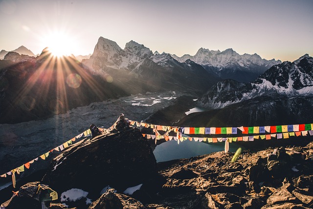 Prayer flags beside mountain pass in Nepal