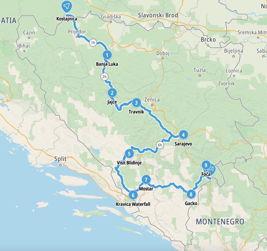 Map of route through Bosnia and Herzegovina
Copyright © letsexplorehere.com