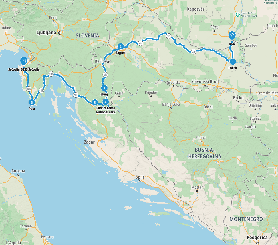 Map of route through Croatia from Romania and Hungary to Slovenia
Copyright © letsexplorehere.com