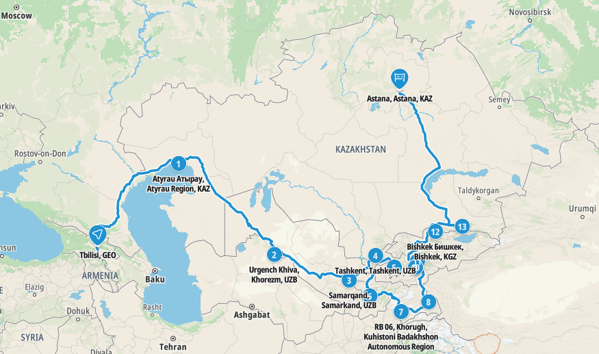 Map showing our road trip route from Tbilisi in Georgia through to Astana via the Stans
Copyright © letsexplorehere.com