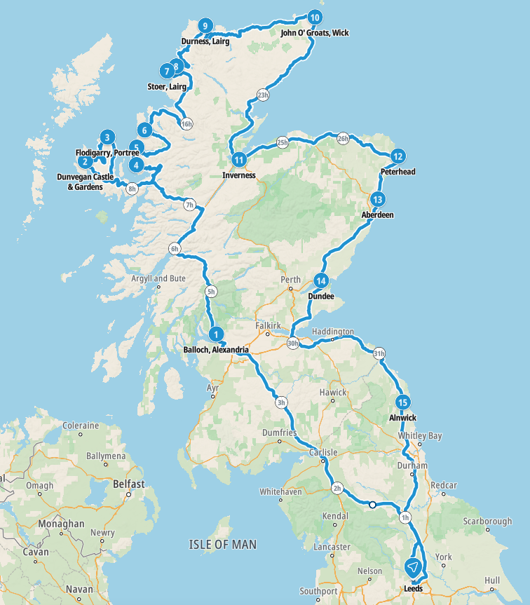 Map of the actual route that we took travelling the NC500 whilst also taking in Loch Lomond, the Isle of Skye, the east coast of Scotland and Northumbria
Copyright © letsexplorehere.com
