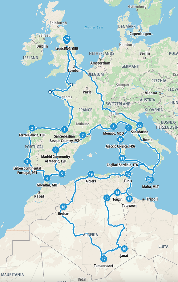 Our road trip map through France, Spain, Portugal, Gibraltar, Andorra, Monaco, Corsica, Sardinia, Italy, Tunisia, Algeria, Malta and San Marino.
Copyright © letsexplorehere.com