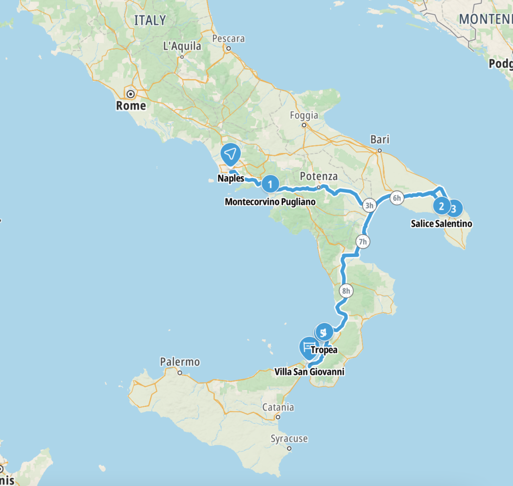 Map of our route from Sardinia through mainland Italy to Sicily in 2024, Mainland Italy
Copyright © letsexplorehere.com