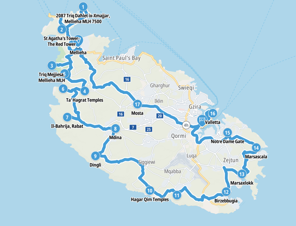 Map of the route that we took around the island of Malta
Copyright © letsexplorehere.com