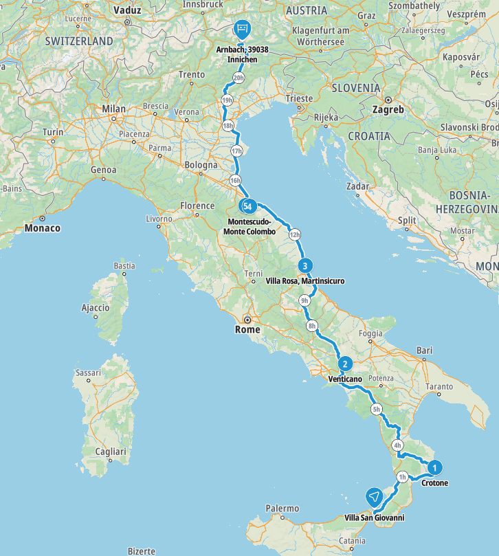 Map of our route from Sicily through mainland Italy to San Marino and up to Austria in 2024, Mainland Italy
Copyright © letsexplorehere.com