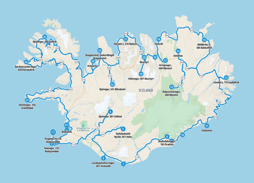 Map of our planned route through Iceland
Copyright © letsexplorehere.com