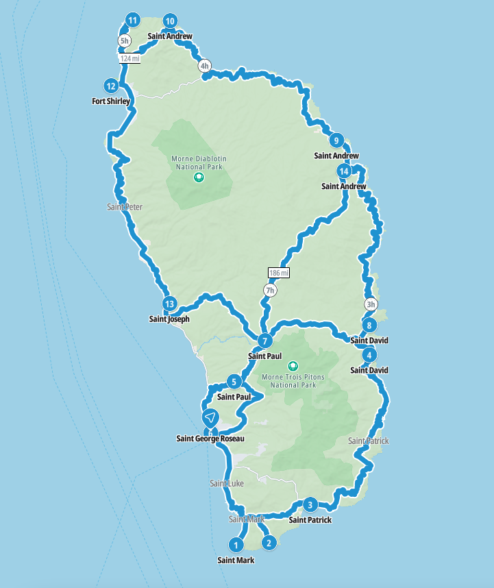 Map of our planned route around the island of Dominica
Copyright © letsexplorehere.com