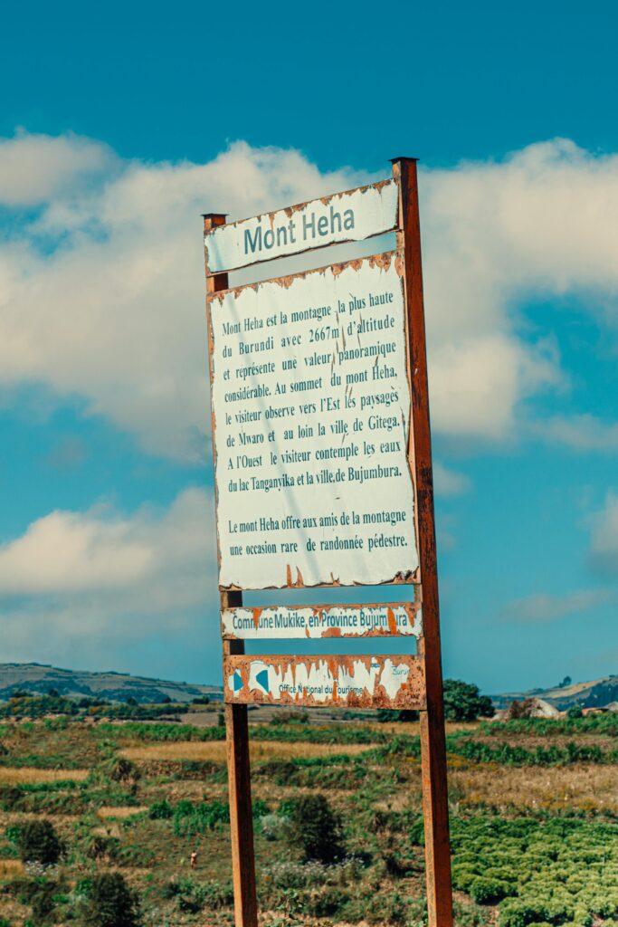 Mount Heha sign in Burundi