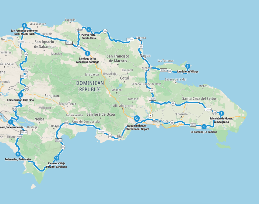 Map of our planned route around Puerto Rico, starting and ending in the capital, Santo Domingo
Copyright © letsexplorehere.com