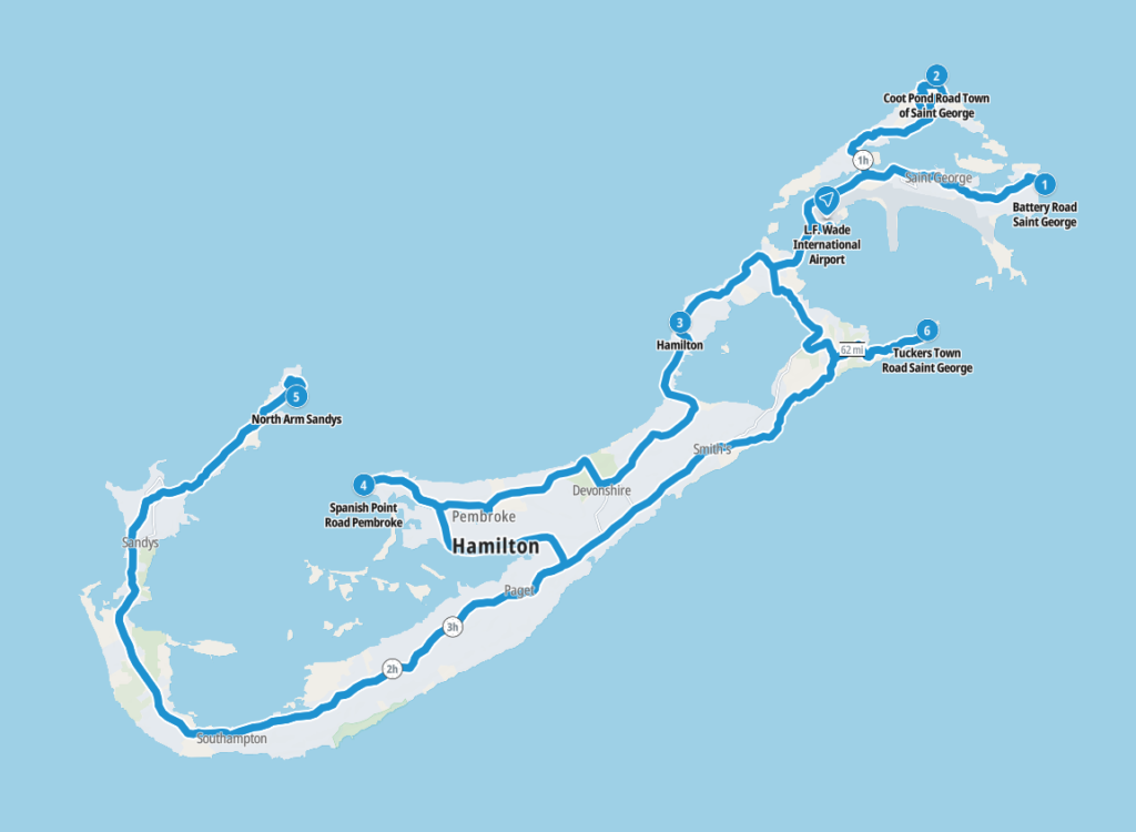 Map of our planned route around the island of Bermuda
Copyright © letsexplorehere.com