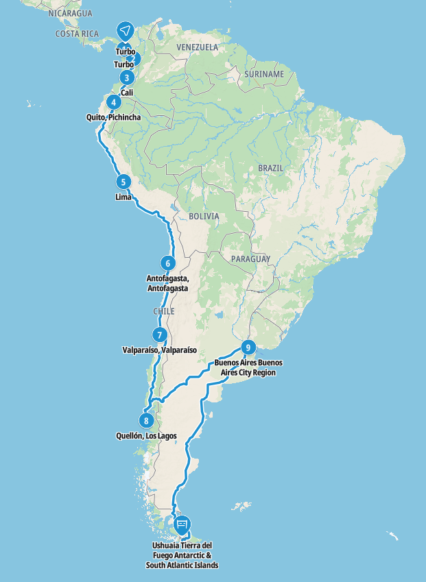 Map of the Pan American highway: South America 
Copyright © letsexplorehere.com
