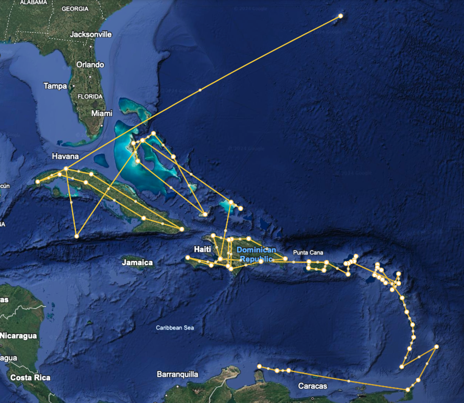 Map showing the approximate route across the islands in the Caribbean
Copyright © letsexplorehere.com 2025.