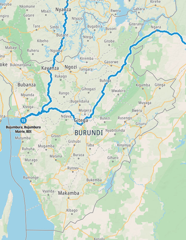 Map of our planned route through Burundi
Copyright © letsexplorehere.com