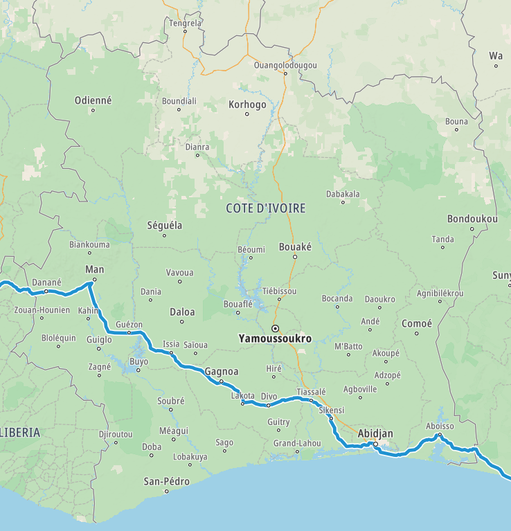 Map of our planned route through Cote d'Ivoire
Copyright © letsexplorehere.com