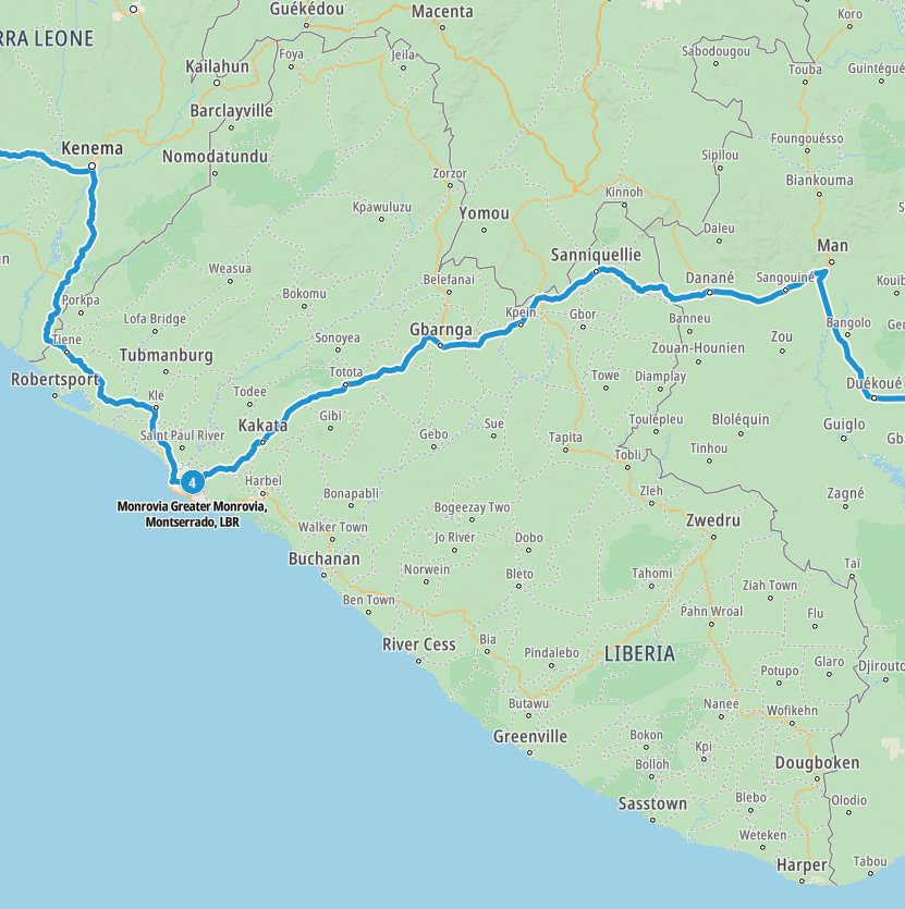 Map of our planned route through Liberia
Copyright © letsexplorehere.com