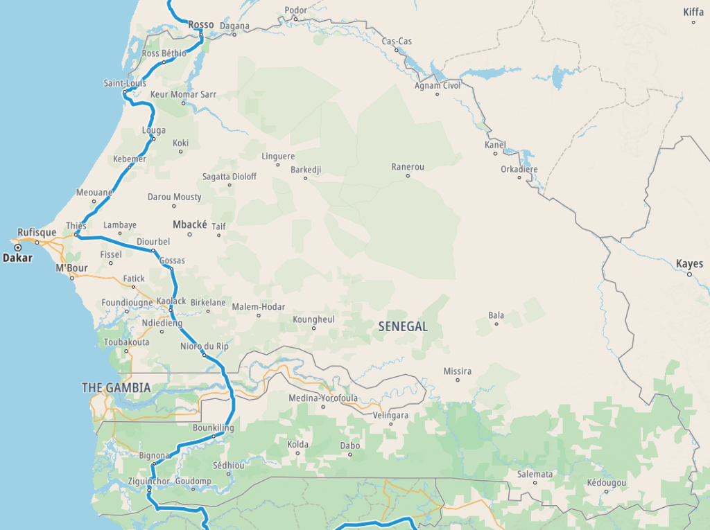 Map of our planned route through Senegal
Copyright © letsexplorehere.com