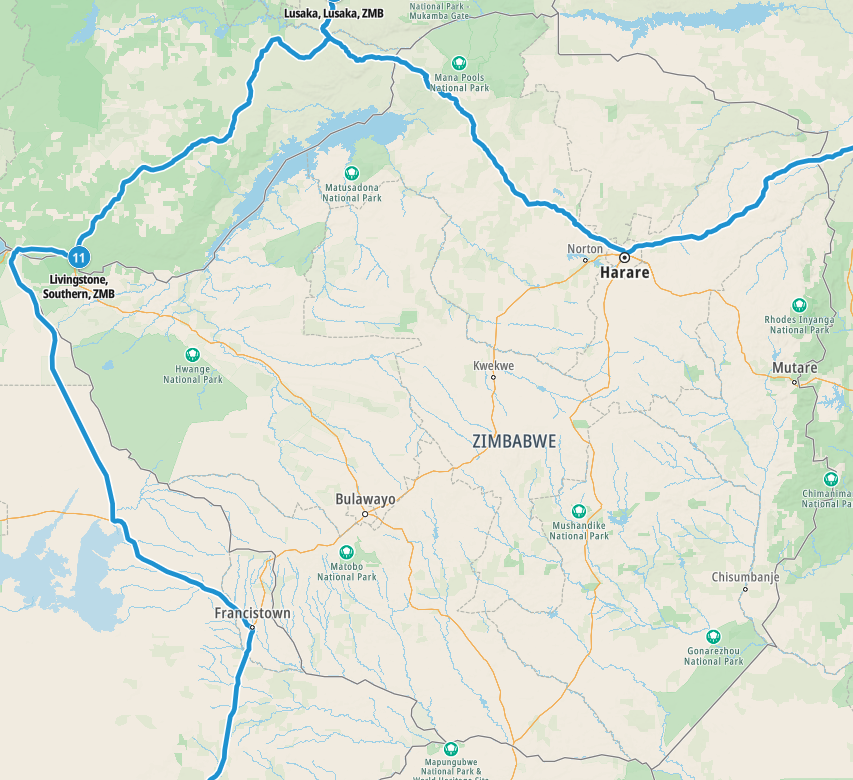 Map of our planned route through Zimbabwe
Copyright © letsexplorehere.com